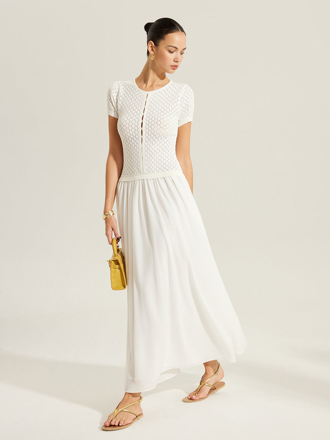 Robe Tricot Boutonnée à Empiècement Transparent