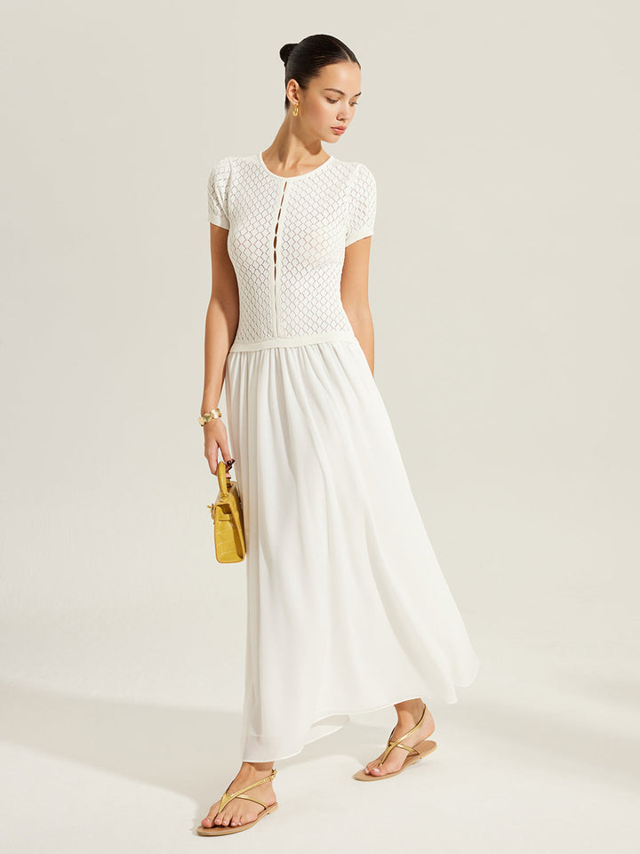 Robe Tricot Boutonnée à Empiècement Transparent