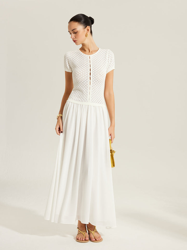 Robe Tricot Boutonnée à Empiècement Transparent