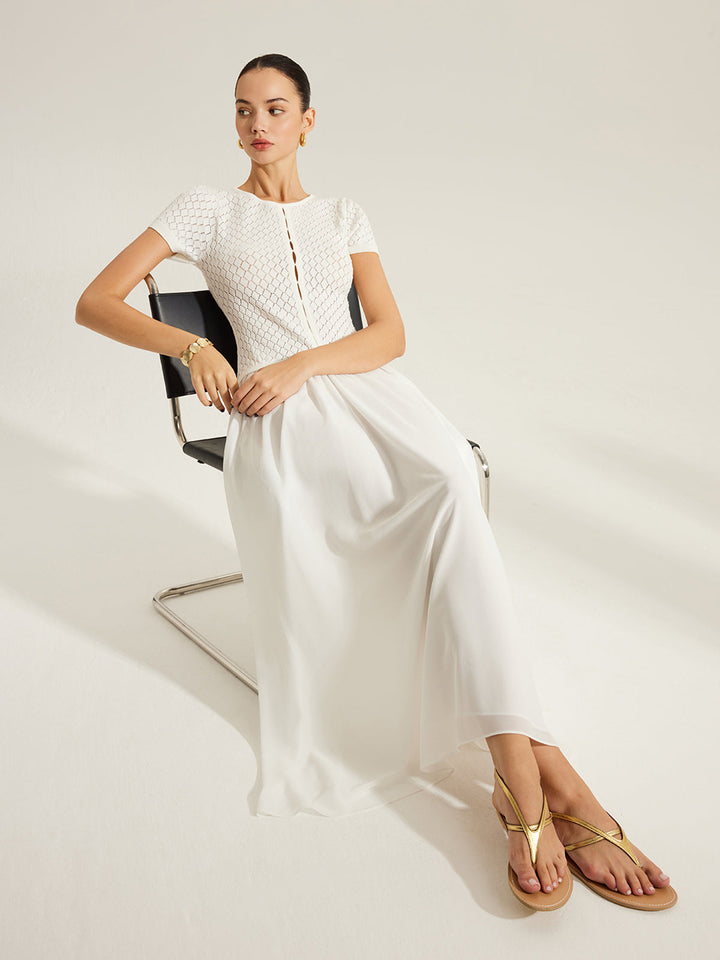 Robe Tricot Boutonnée à Empiècement Transparent