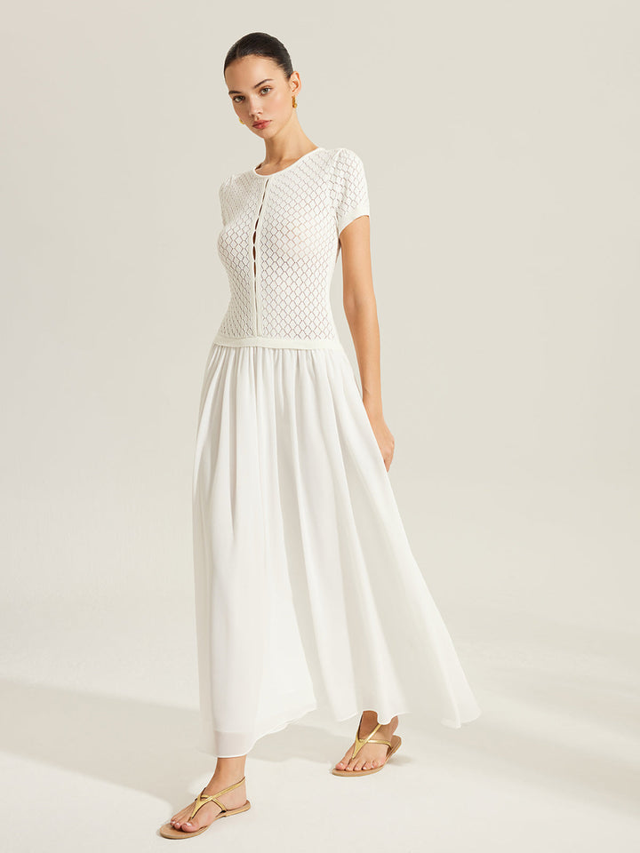 Robe Tricot Boutonnée à Empiècement Transparent