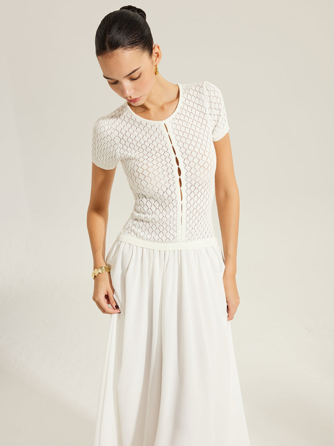 Robe Tricot Boutonnée à Empiècement Transparent