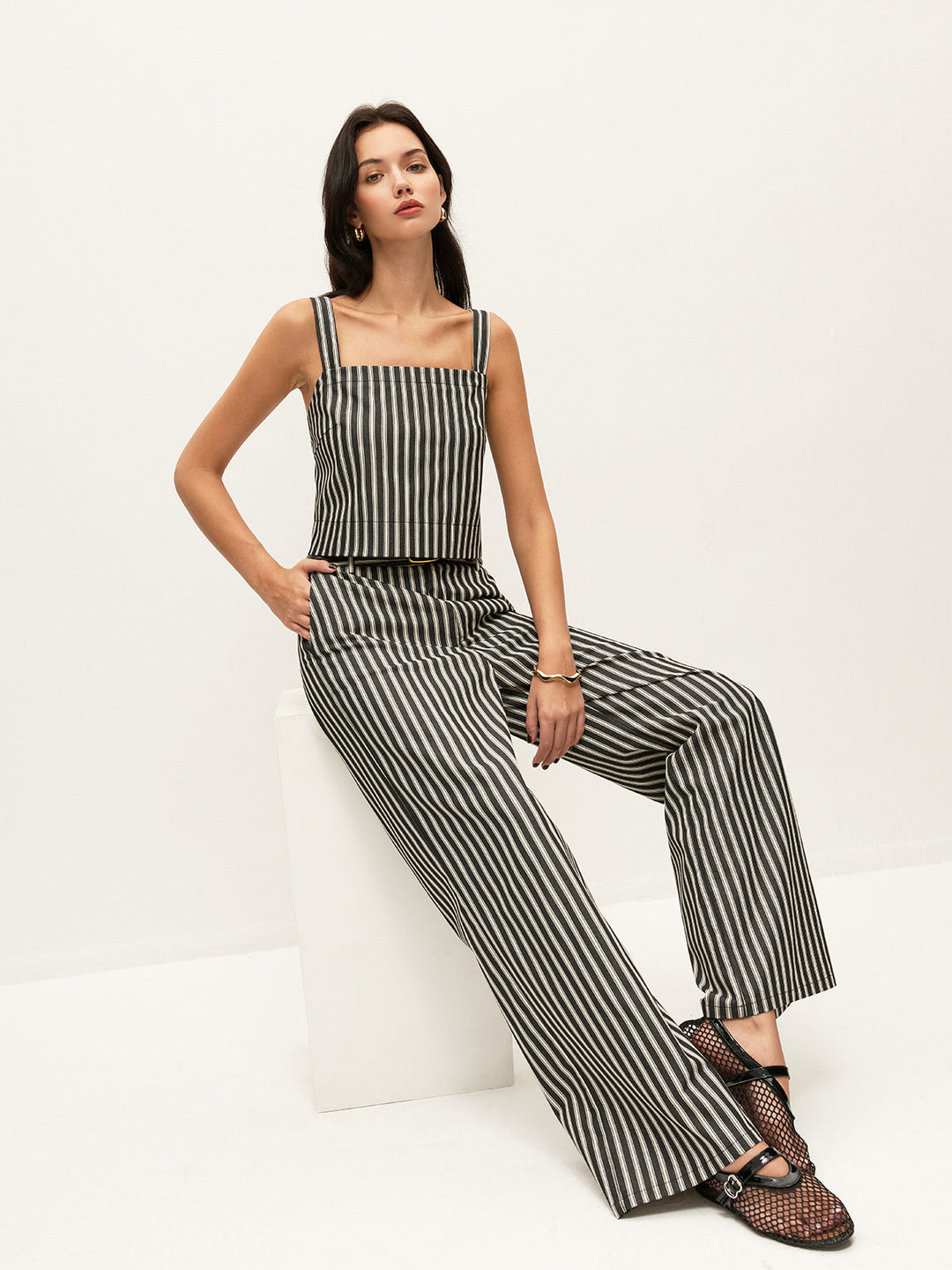 Pantalons mi-taille à rayures avec poches sans ceinture