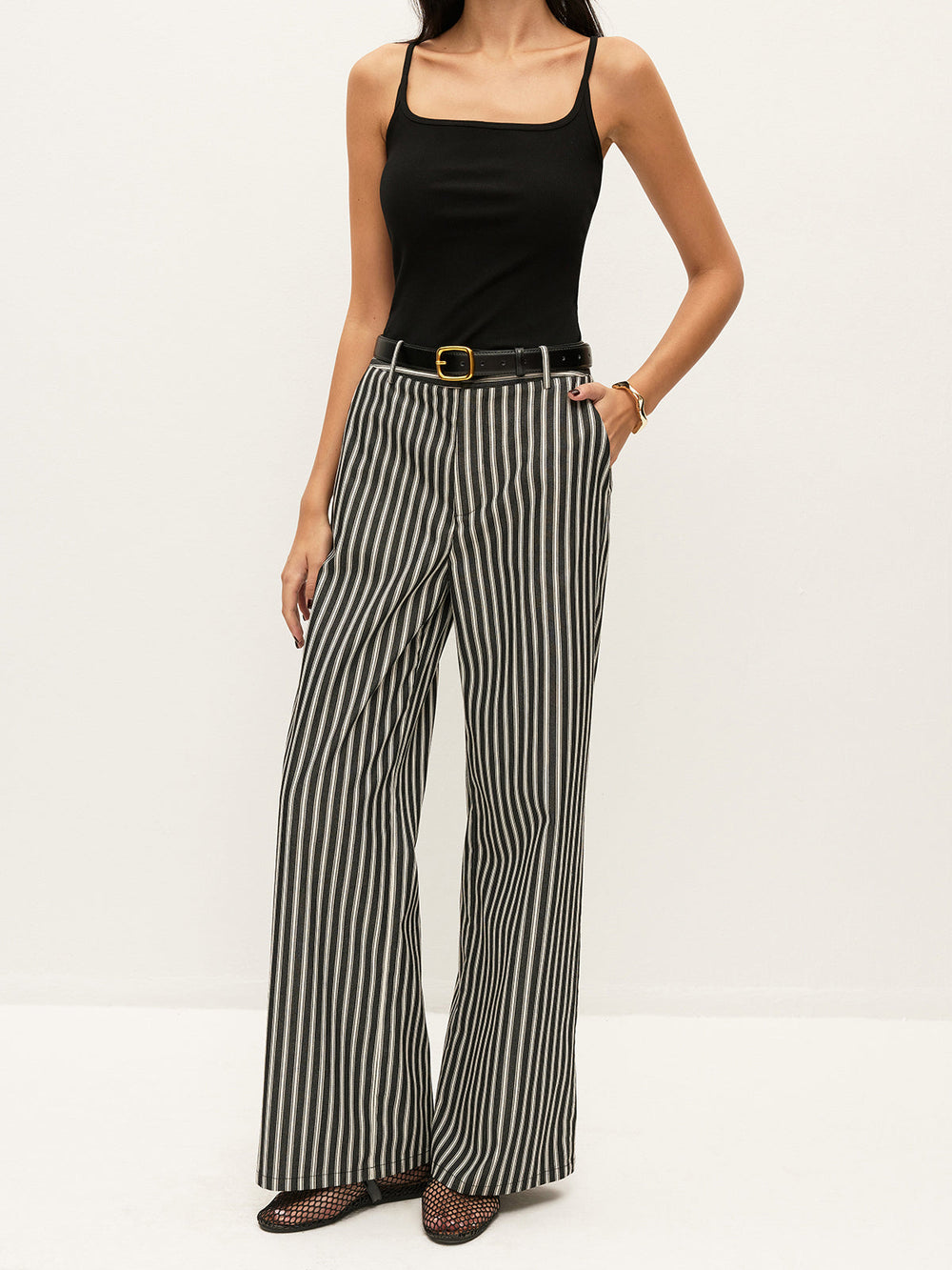 Pantalons mi-taille à rayures avec poches sans ceinture