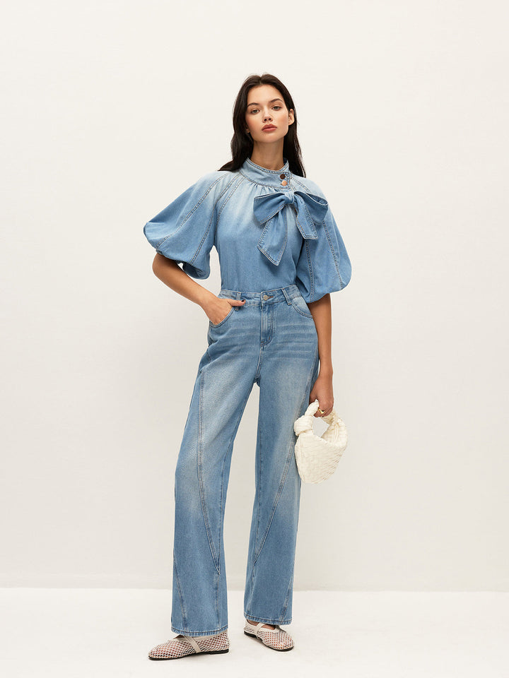 Top Manches Bouffantes En Denim Avec Détail Nœud