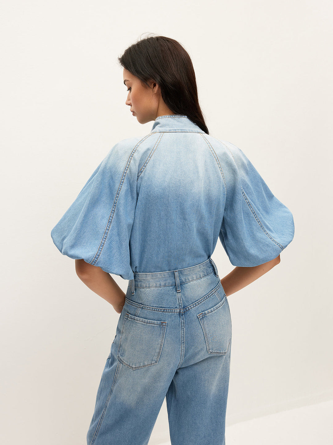 Top Manches Bouffantes En Denim Avec Détail Nœud