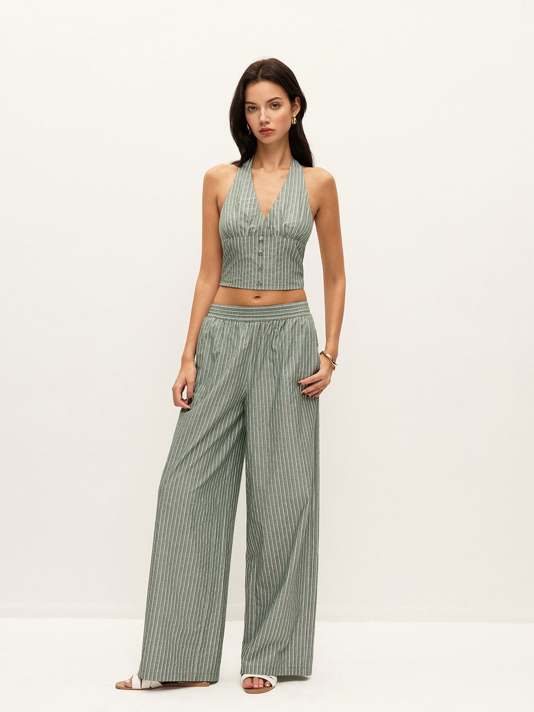 Ensemble haut bandeau à détails de boutons rayés avec pantalon