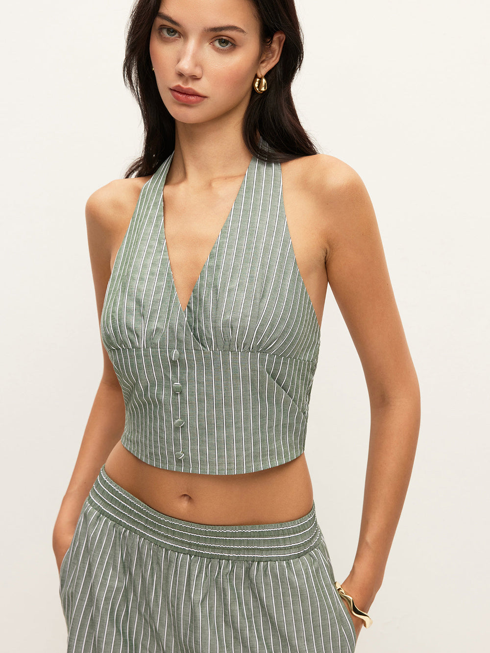Ensemble haut bandeau à détails de boutons rayés avec pantalon