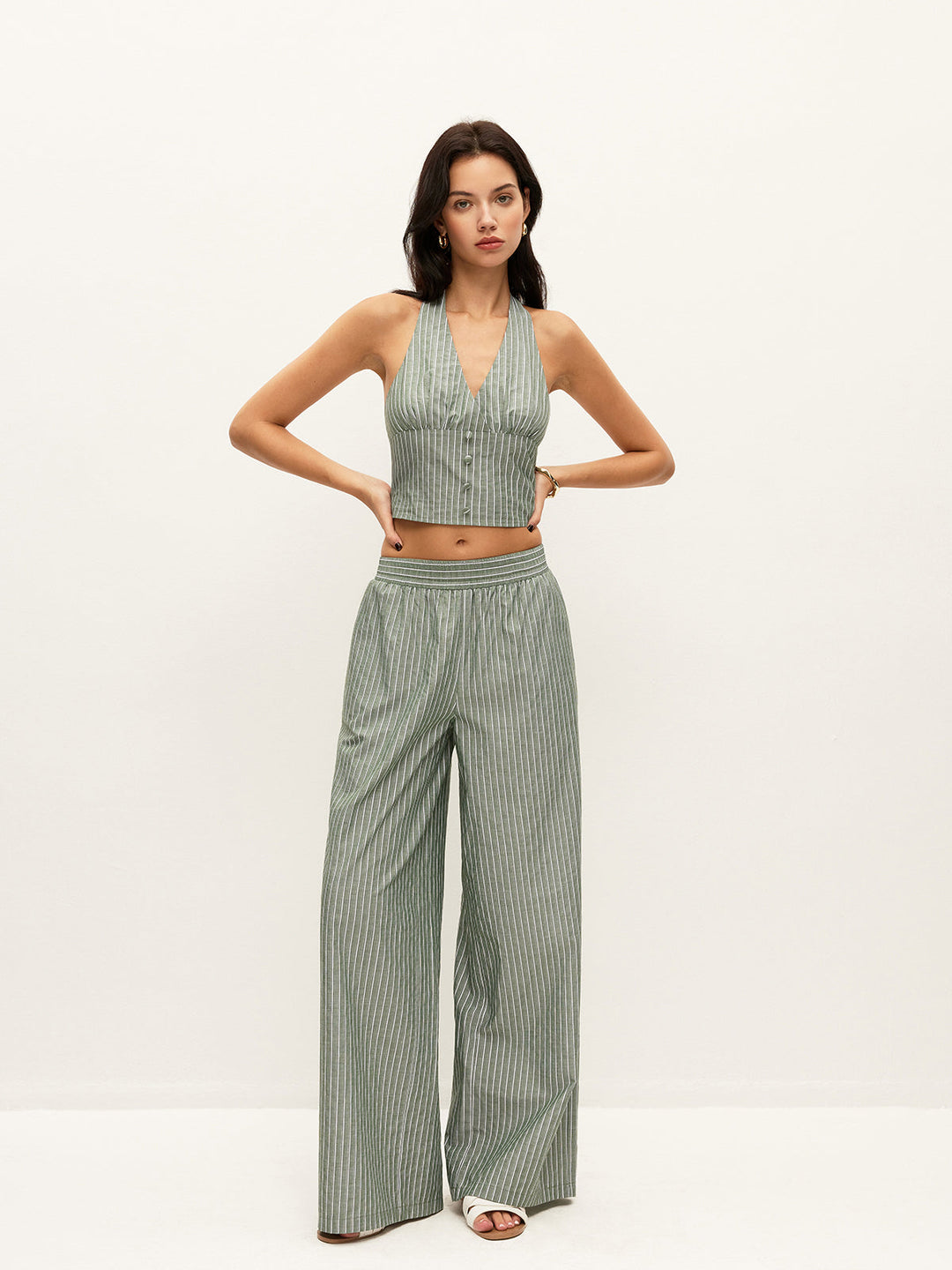 Ensemble haut bandeau à détails de boutons rayés avec pantalon