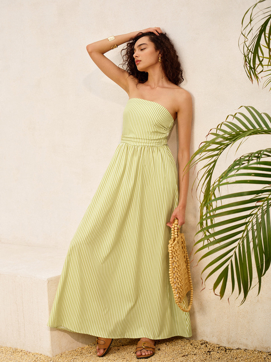 Robe Longue à Bretelles Rayées avec Poches