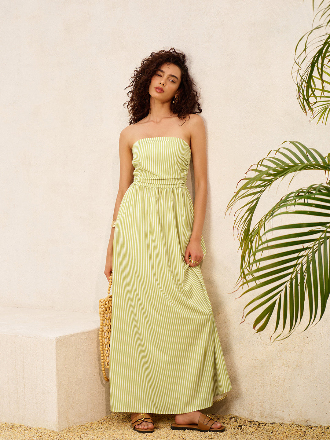 Robe Longue à Bretelles Rayées avec Poches