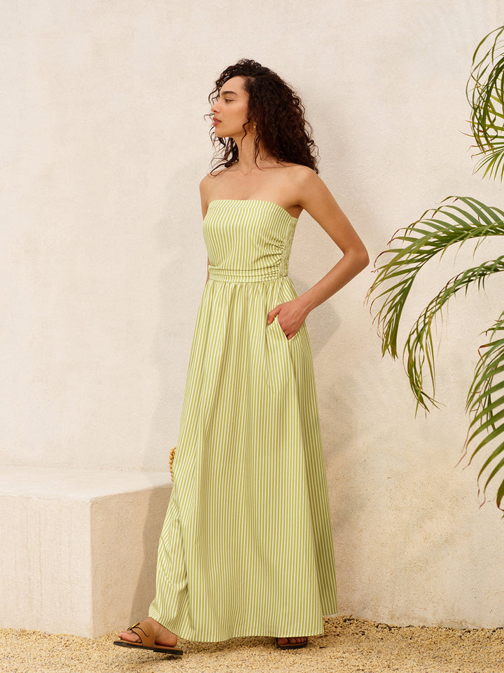 Robe Longue à Bretelles Rayées avec Poches