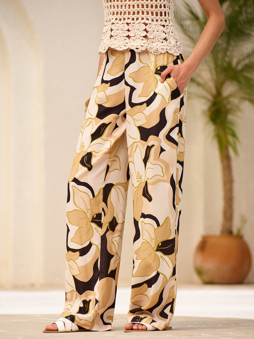 Pantalons mi-taille à imprimé floral avec poches