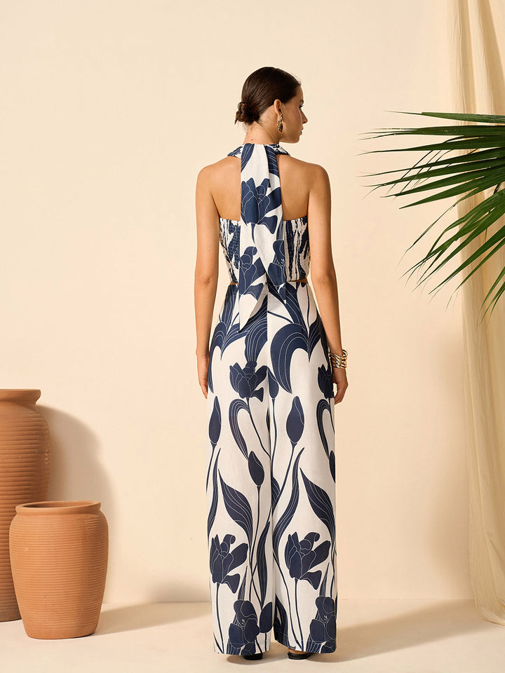 Ensemble Haut Dos-Nu à Imprimé Floral et Pantalon