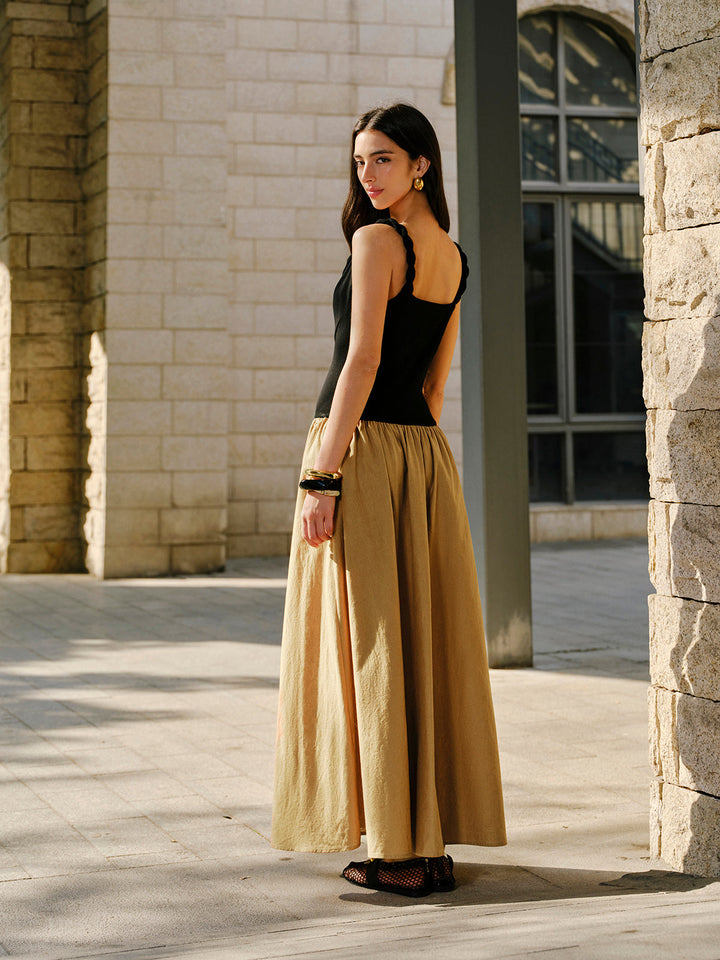 Robe sans manches en lin et coton avec col bénitier et détail métallique