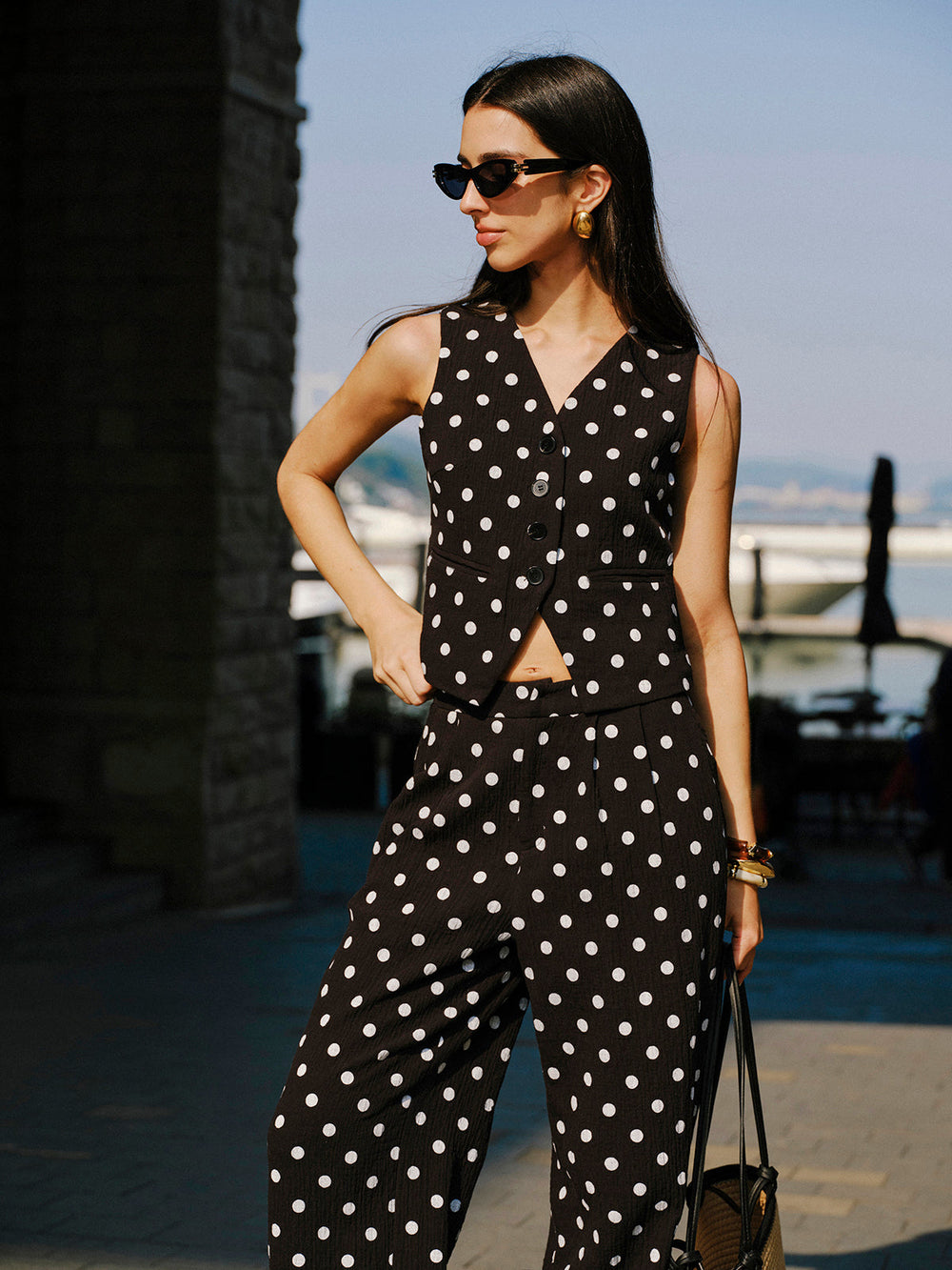 Ensemble Gilet Pantalon à Pois en Coton