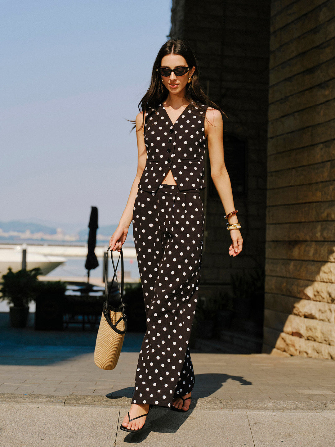 Ensemble Gilet Pantalon à Pois en Coton