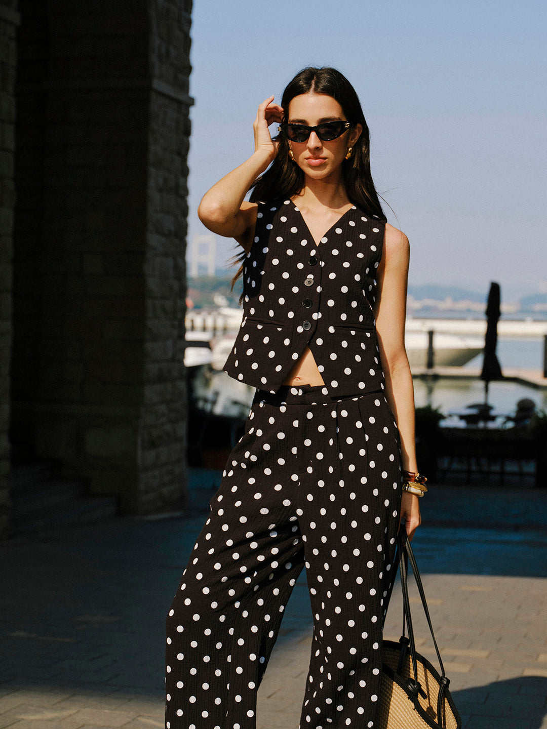 Ensemble Gilet Pantalon à Pois en Coton