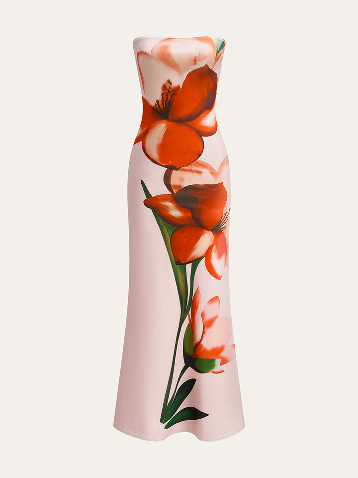 Robe Longue à Imprimé Floral Sans Bretelles
