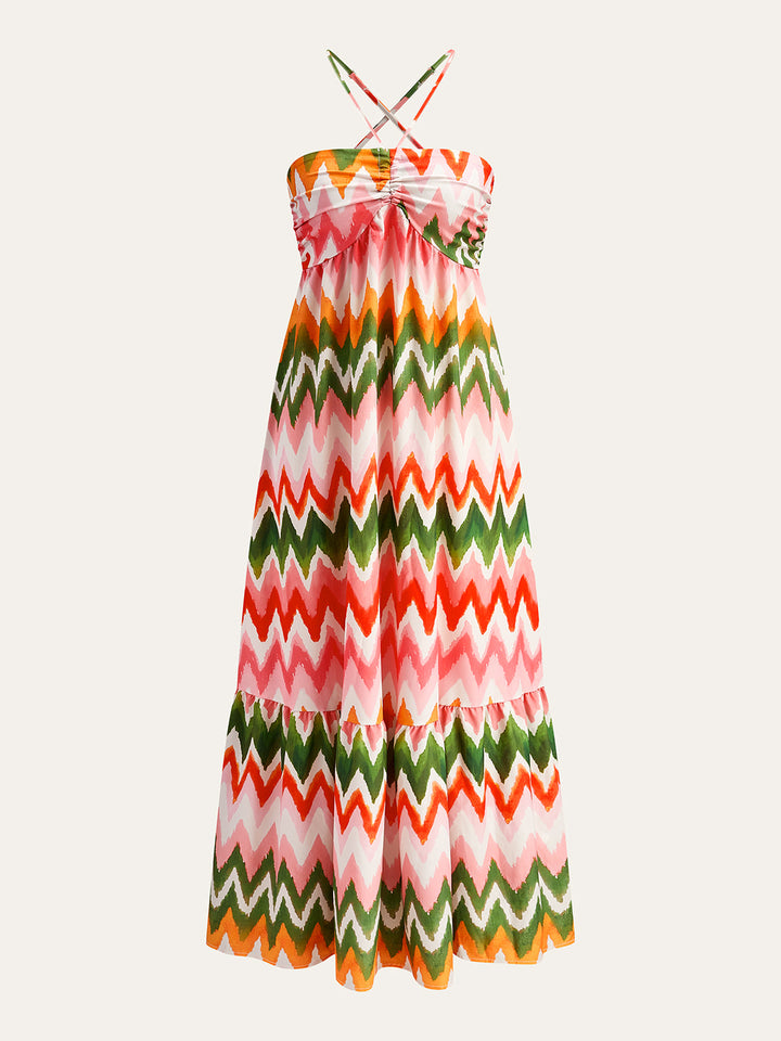 Robe à col licou à imprimé zigzag et froncé