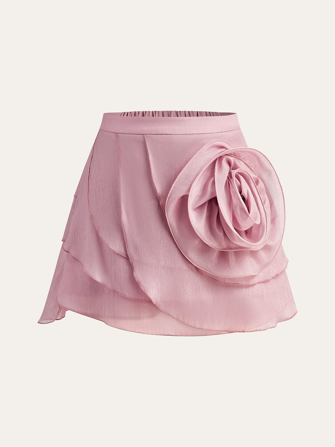 Jupe-short drapée en mousseline semi-transparente avec rosette 3D
