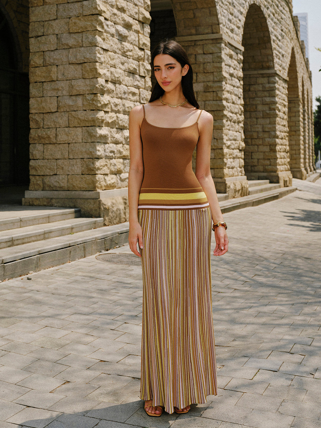 Robe Longue en Maille à Rayures