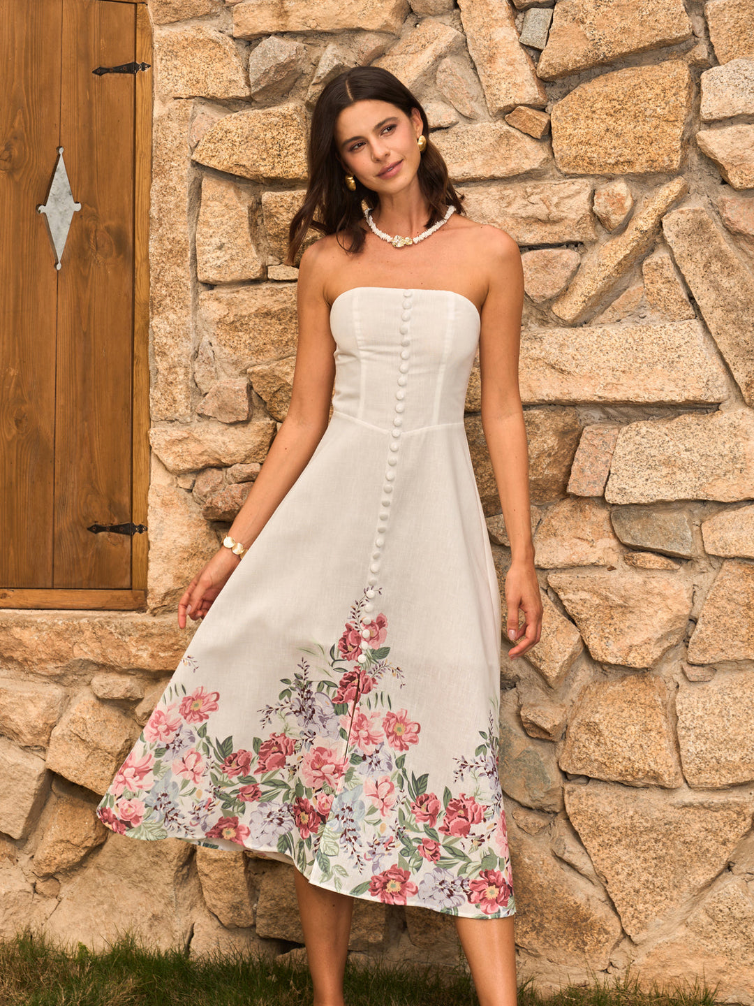 Robe Courte Sans Bretelles à Imprimé Floral Avec Boutons Décoratifs