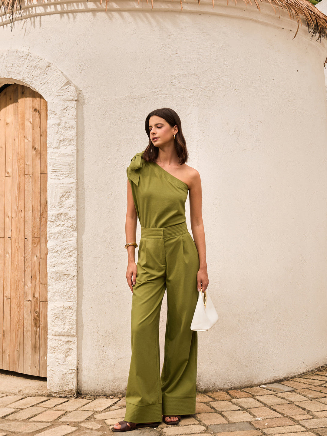 Ensemble Haut & Pantalon en Coton & Lin à Épaule Unique