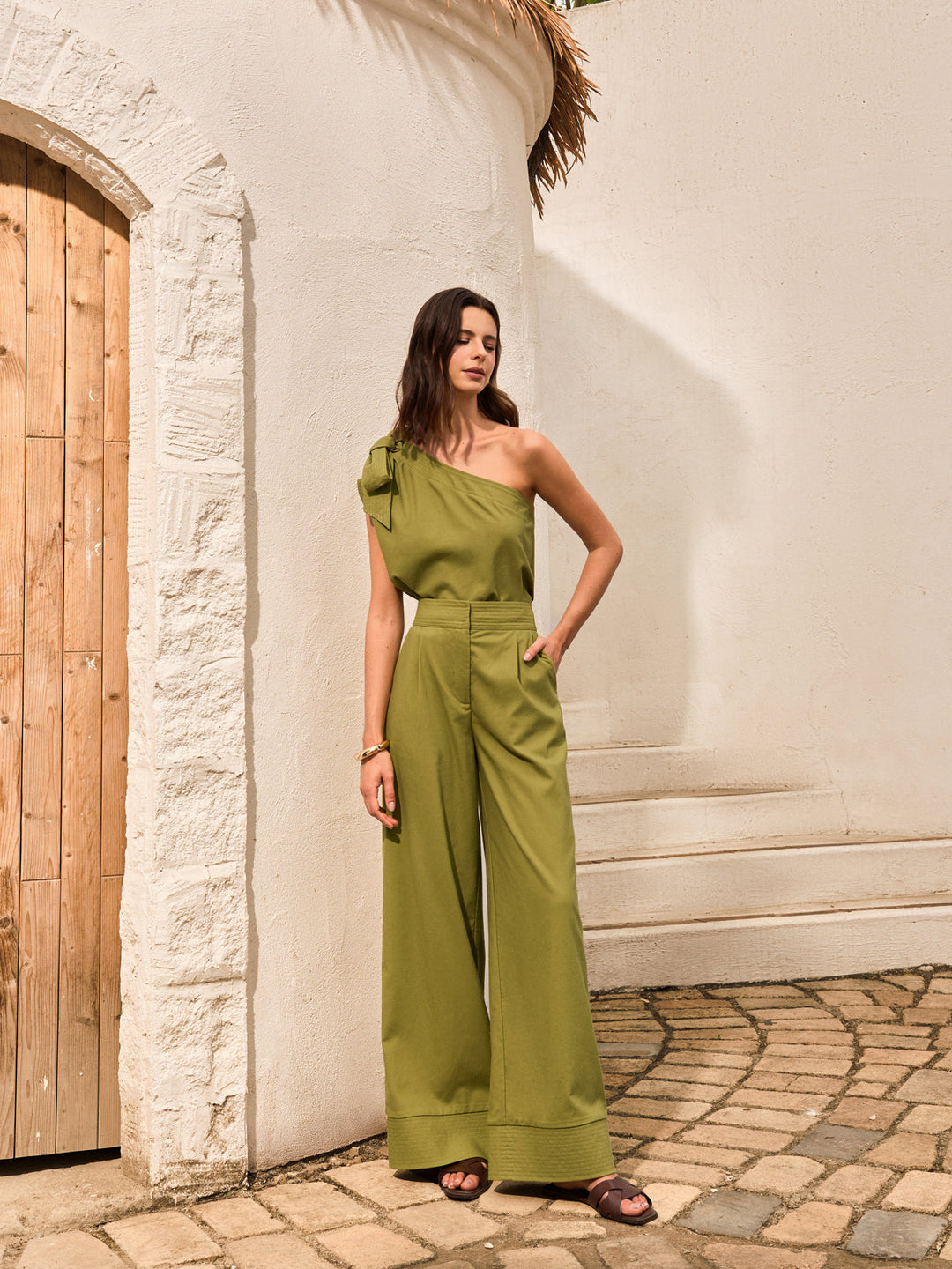 Ensemble Haut & Pantalon en Coton & Lin à Épaule Unique