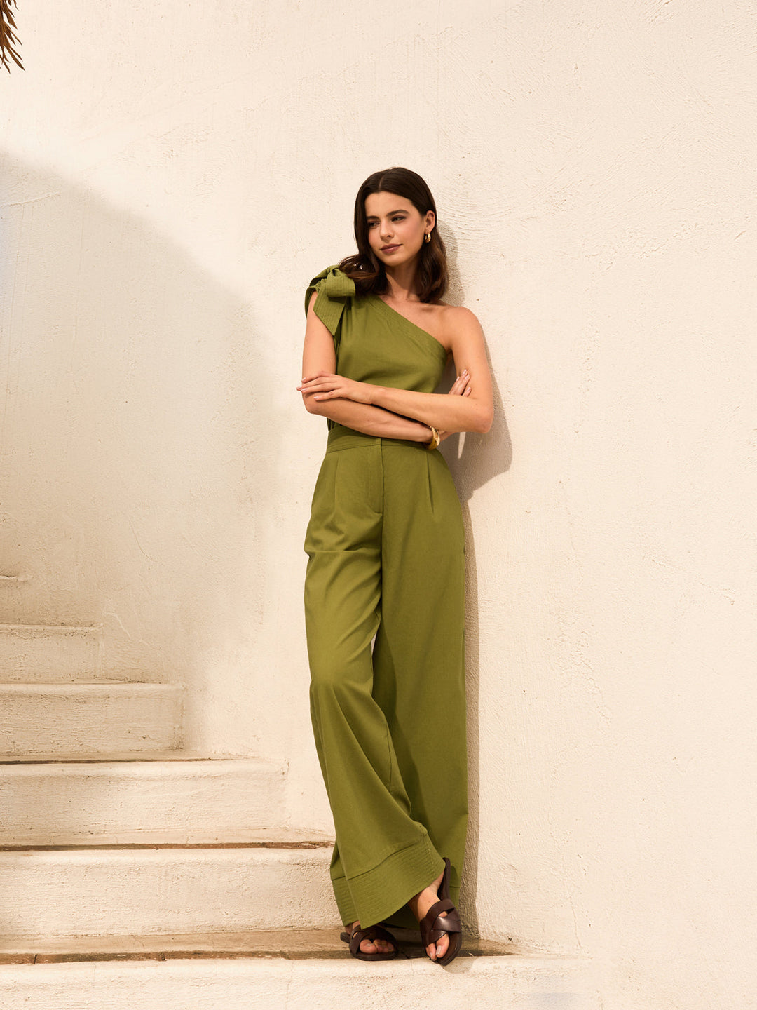 Ensemble Haut & Pantalon en Coton & Lin à Épaule Unique