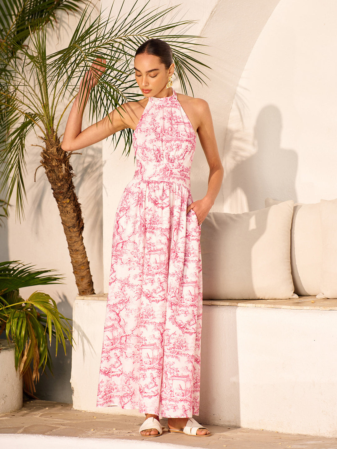 Robe à col licou imprimée dos nu avec poches