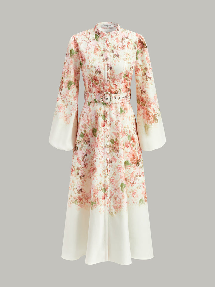 Robe Fleurie Ceinturée à Manches Ballons