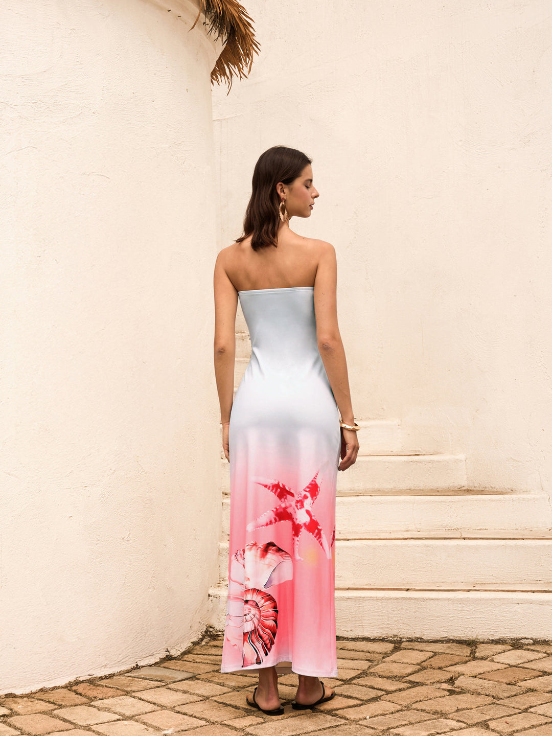 Robe Longue Dégradé Sans Bretelles à Imprimé Coquillage