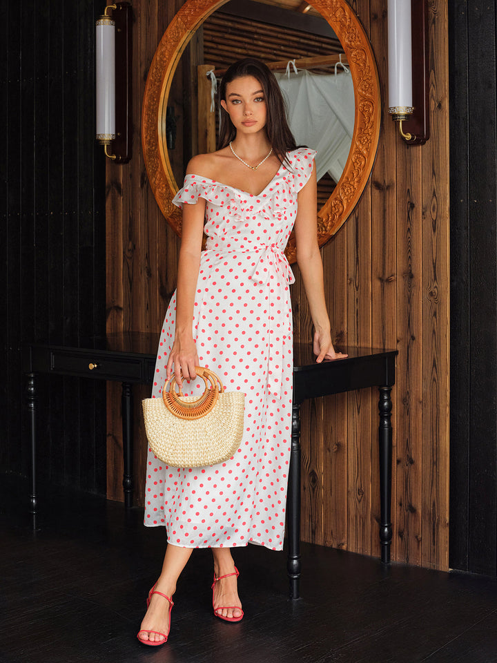 Robe à volants à pois semi-transparente avec ceinture nouée
