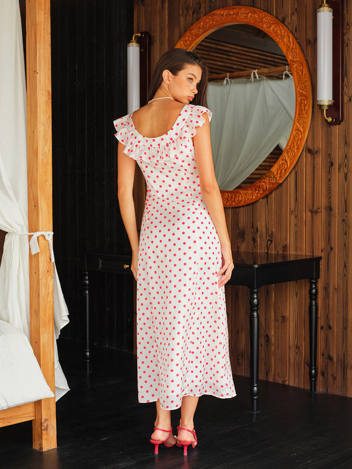Robe à volants à pois semi-transparente avec ceinture nouée
