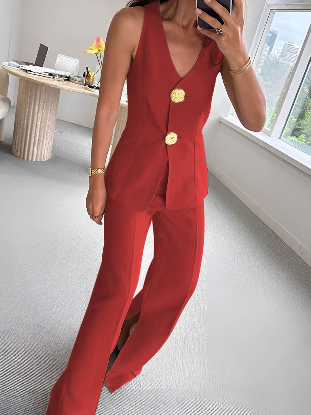Ensemble Pantalon Sans Manches Boutonné