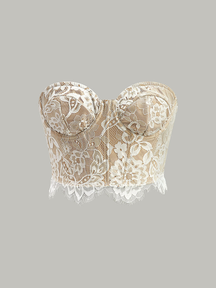 Corset Bustier en Dentelle Florale Sans Bretelles