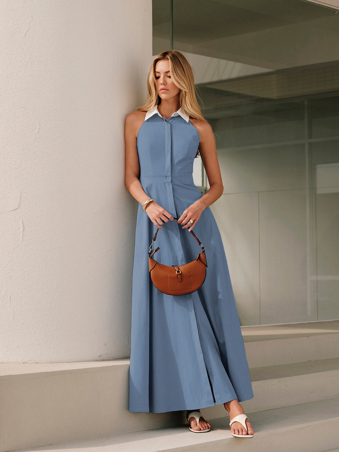 Robe Sans Manches à Col Boutonné