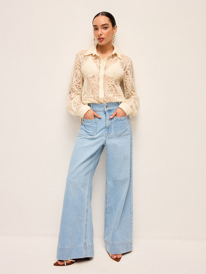 Chemise en coton mélangé à col en dentelle à manches longues