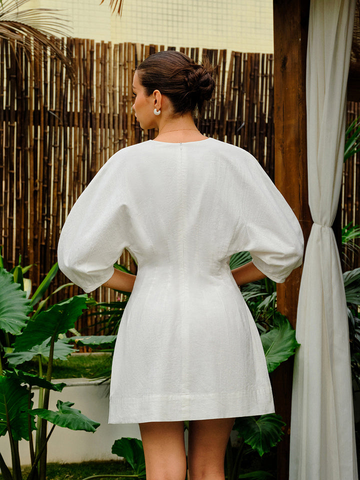 Robe à manches bouffantes en mélange coton-lin et col en V