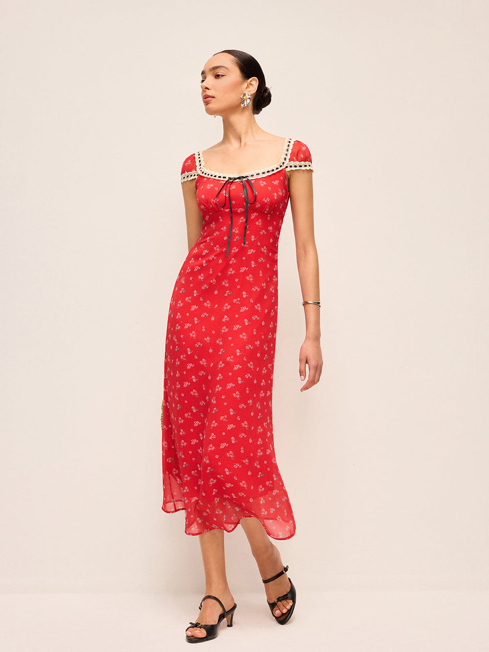 Robe Mi-longue à Imprimé Floral avec Bordure en Dentelle