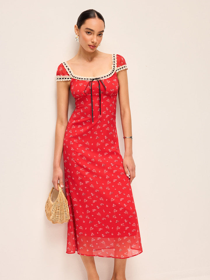 Robe Mi-longue à Imprimé Floral avec Bordure en Dentelle