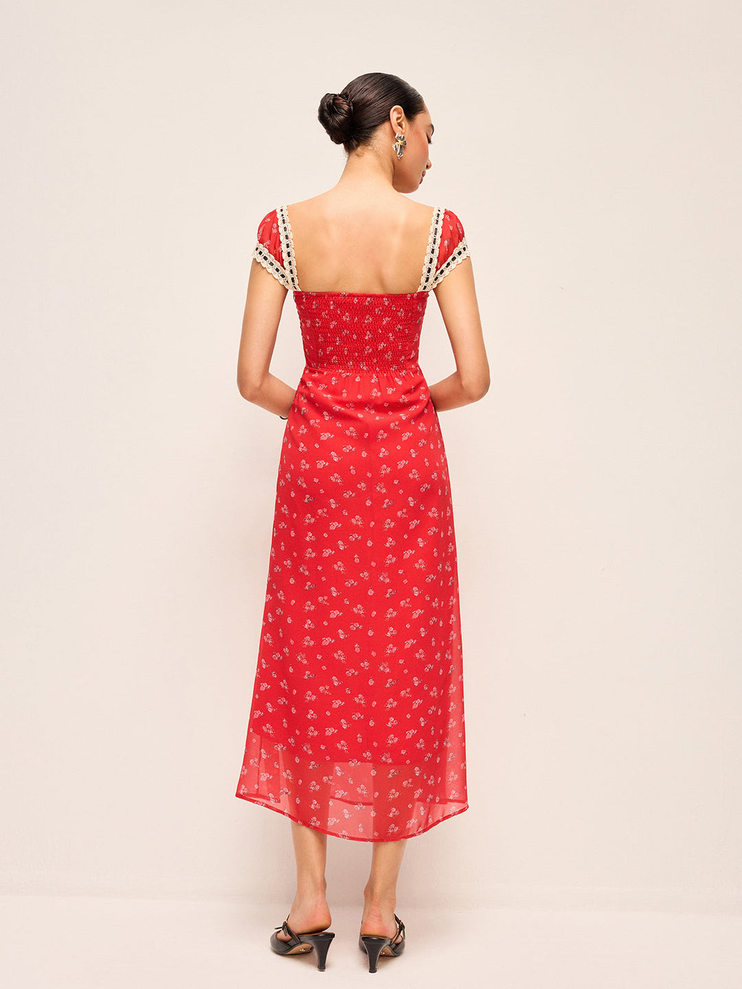 Robe Mi-longue à Imprimé Floral avec Bordure en Dentelle