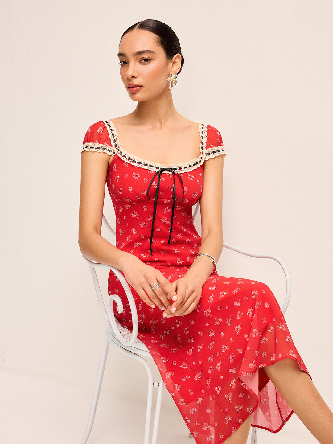 Robe Mi-longue à Imprimé Floral avec Bordure en Dentelle