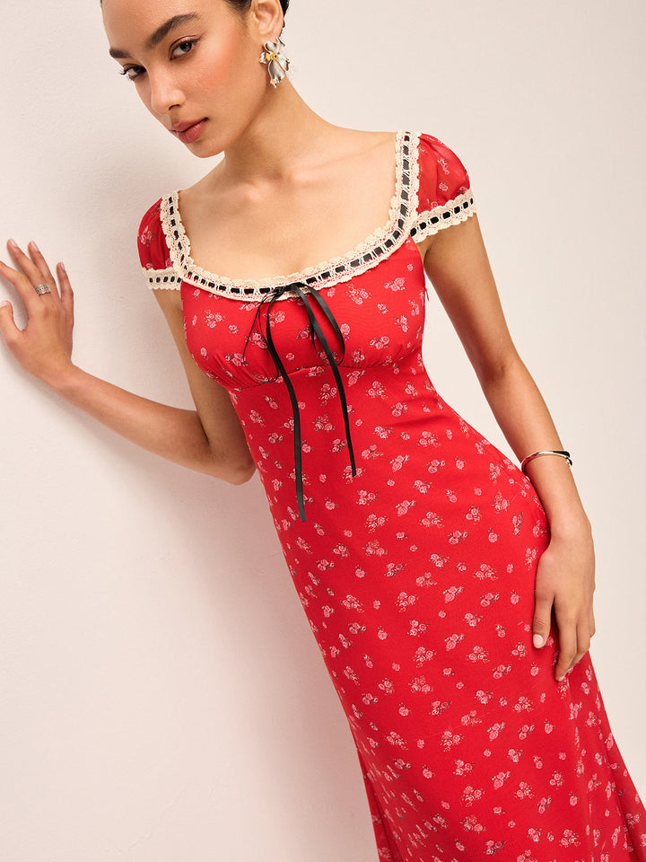Robe Mi-longue à Imprimé Floral avec Bordure en Dentelle