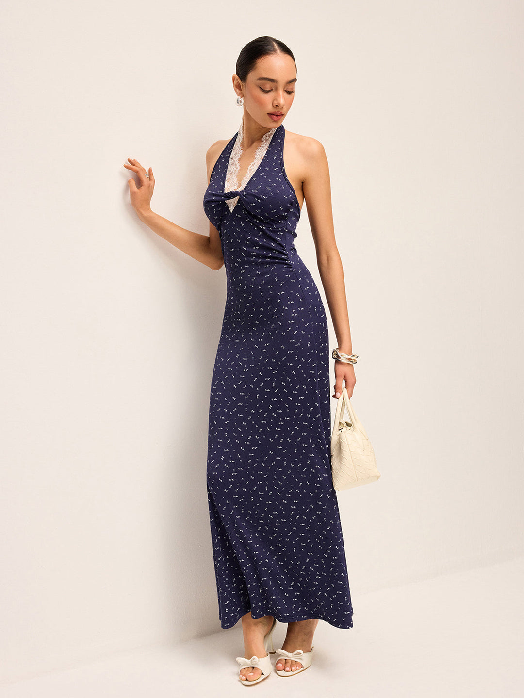 Robe Imprimée à Col Bardot et Bordure en Dentelle