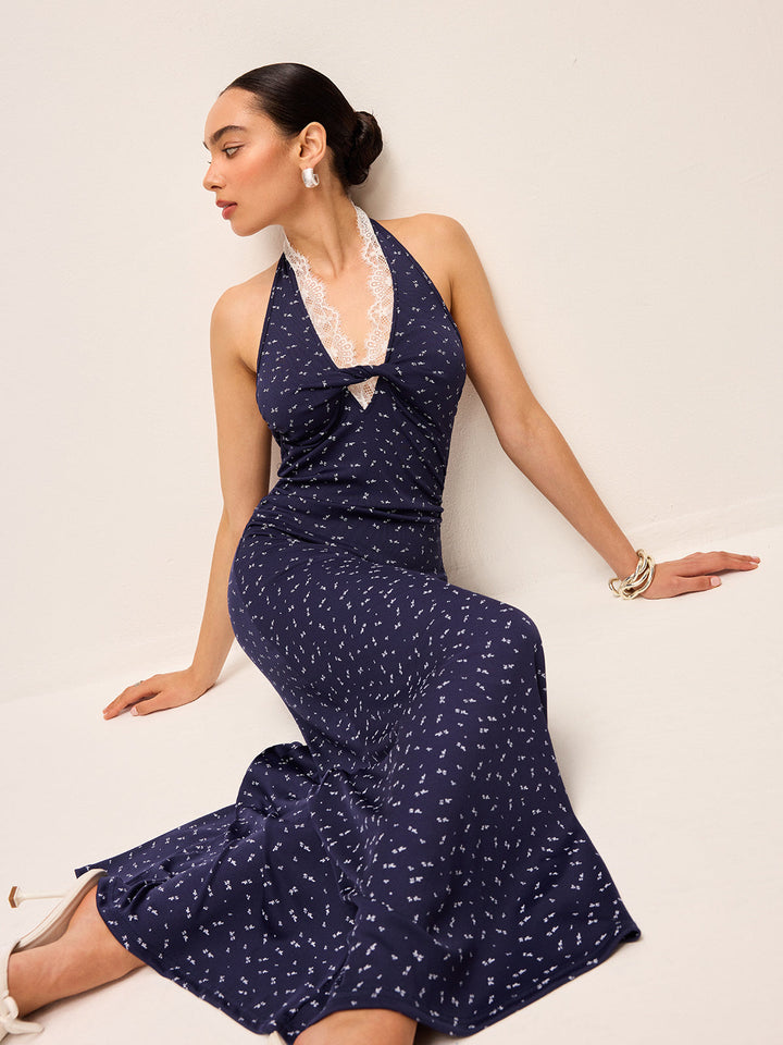 Robe Imprimée à Col Bardot et Bordure en Dentelle