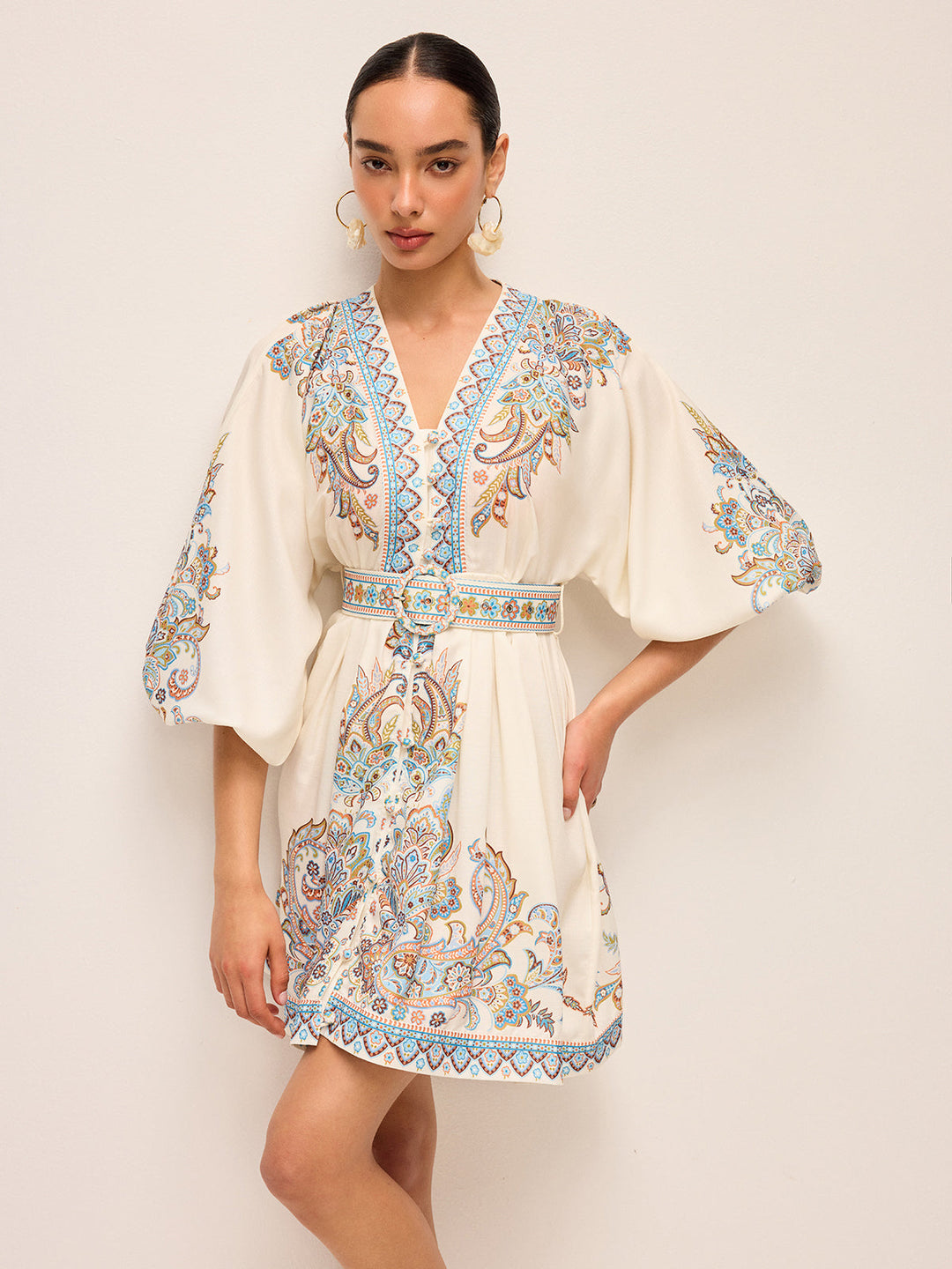 Robe Ceinture Col V Bohème Avec Manches Ballon