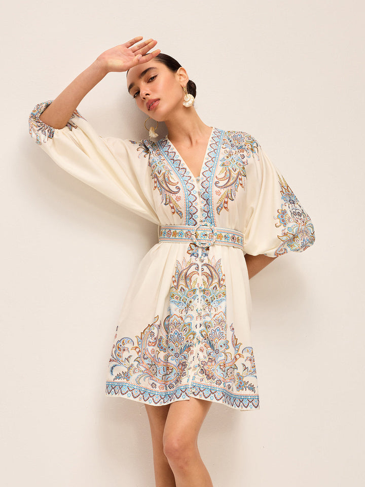 Robe Ceinture Col V Bohème Avec Manches Ballon