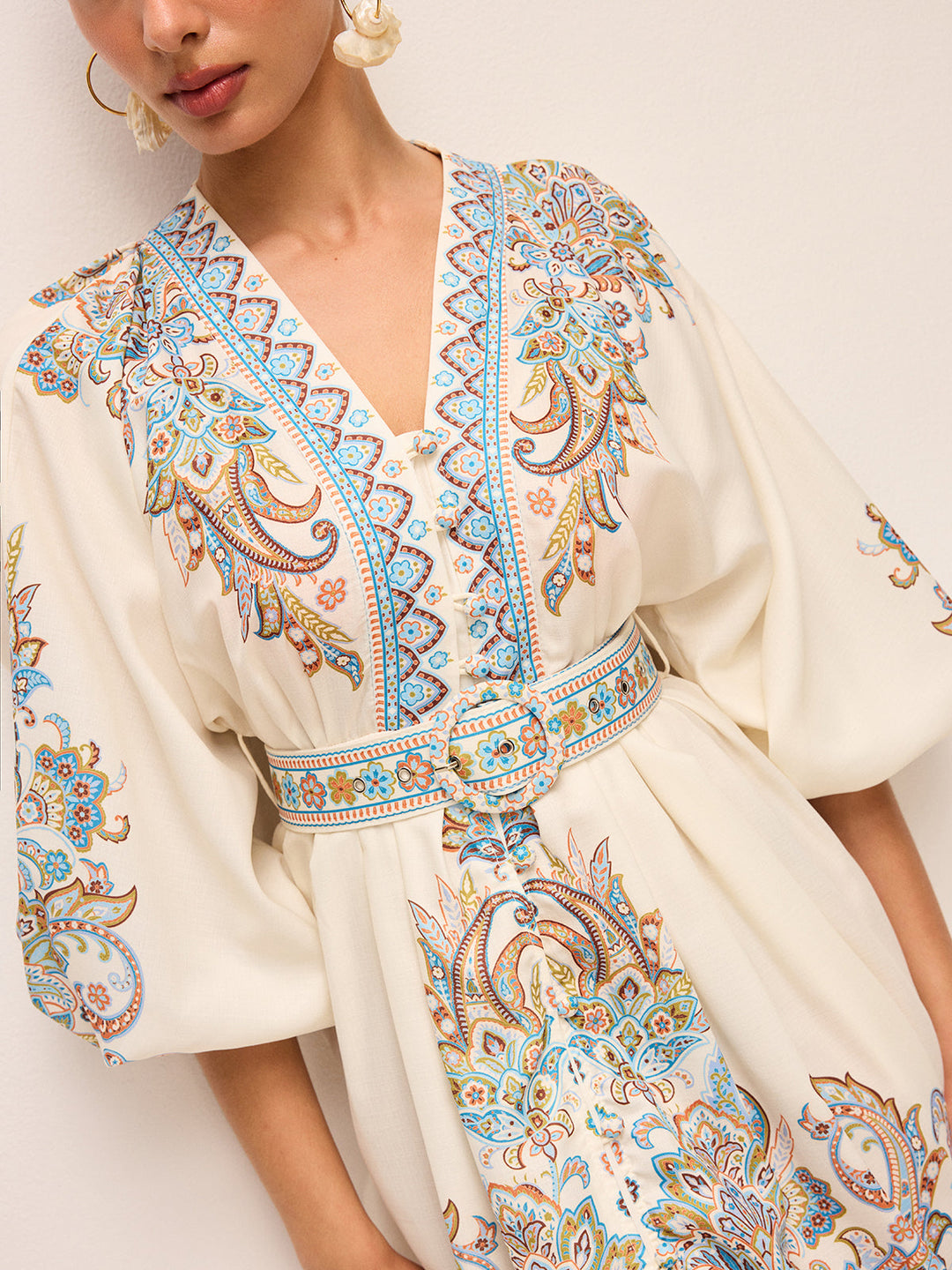 Robe Ceinture Col V Bohème Avec Manches Ballon
